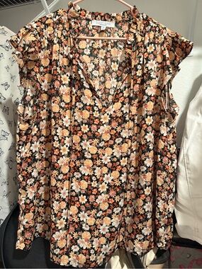 Sweet Rain Black Floral V-Neck Blouse with Orange & Cream Blooms